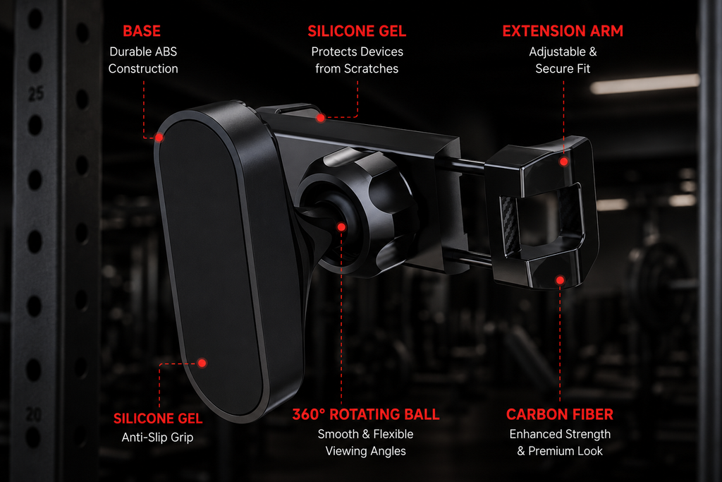 VaultGrip parts diagram - base, silicone gel, extension arm, carbon fiber, 360 rotating ball
