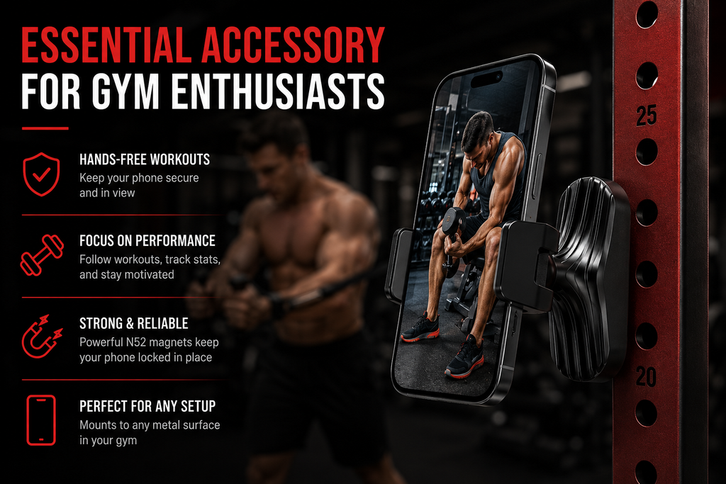 VaultGrip essential accessory for gym enthusiasts, mounted with phone showing workout tracking