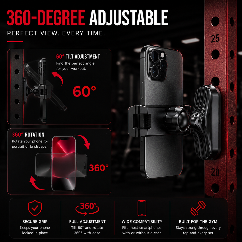 VaultGrip 360-degree adjustable mount on gym rack, 60 degree tilt and 360 degree rotation
