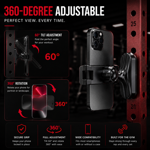 VaultGrip 360-degree adjustable mount on gym rack, 60 degree tilt and 360 degree rotation