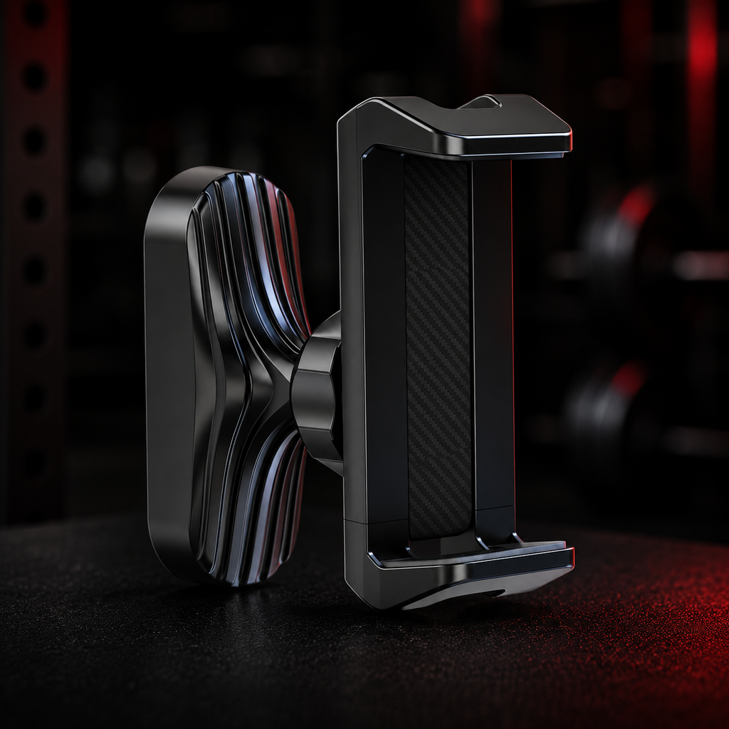VaultGrip magnetic phone mount hero product shot on gym floor with red rim lighting
